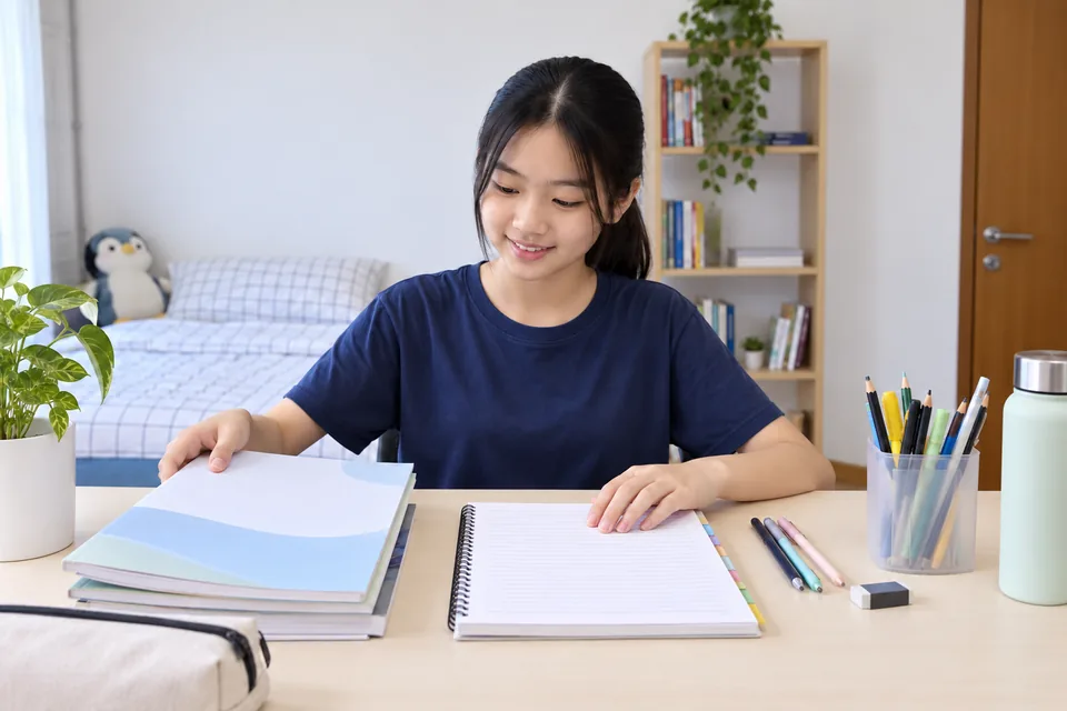 Student preparing English study materials.