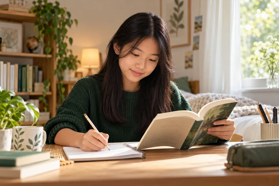 Student reading and making notes at a desk.